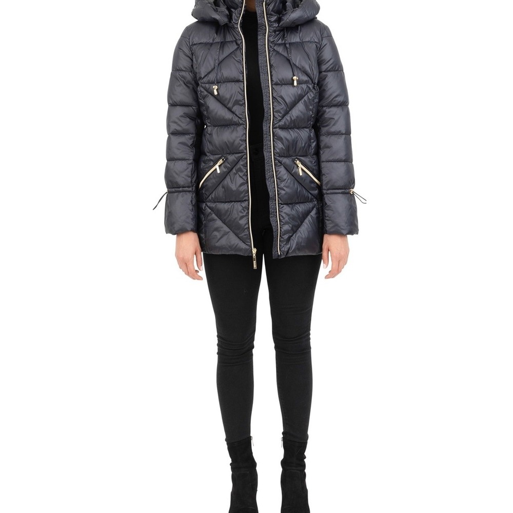 Kensie Womens Quilted Puffer Faux Down Coat Winter Warm Gold Details Black XL
